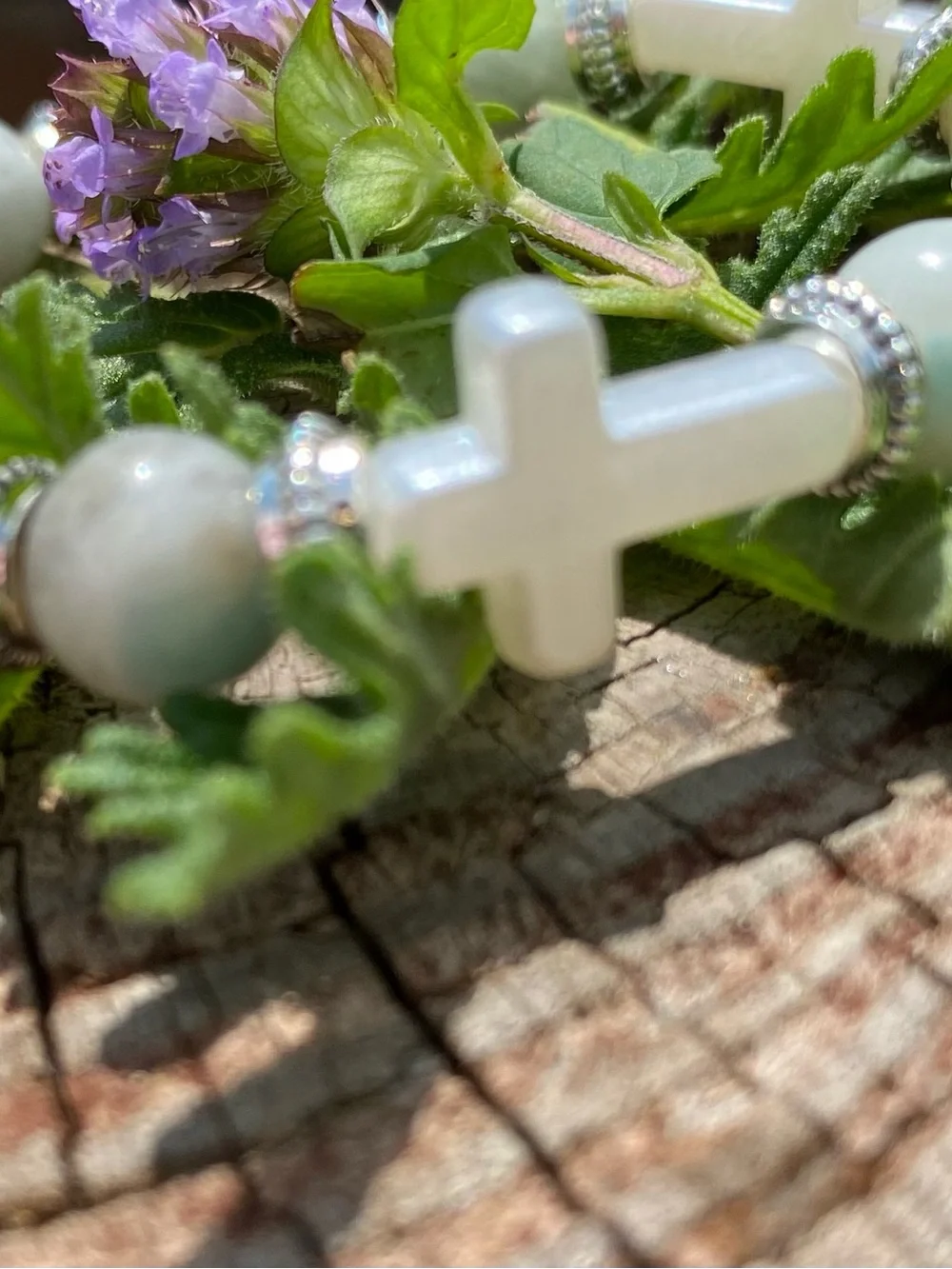 White Cross and Light Aqua Bead Stretch Bracelet | From Sea to Country